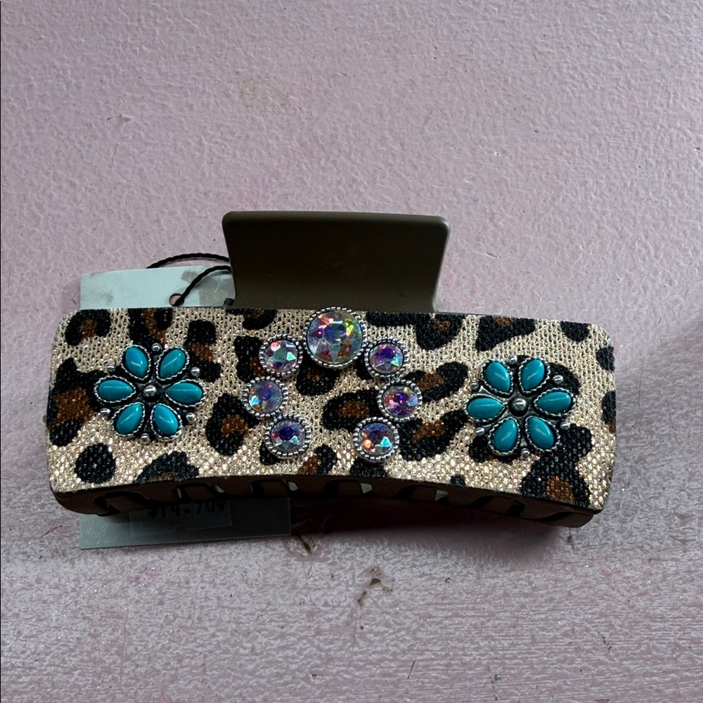 Leopard Print Hair Clip with Turquoise Floral Accents